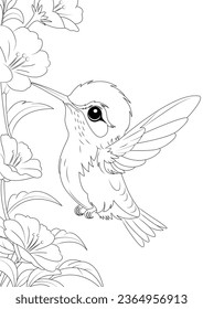 Coloring page a joyful hummingbird sipping nectar from a blossom