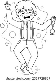 Coloring page. Joyful Schoolboy Leaping with a Medal