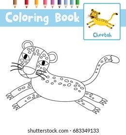 Coloring page of Jumping Cheetah animals for preschool kids activity educational worksheet. Vector Illustration.