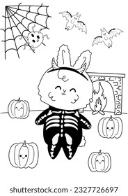 Coloring page of kawaii bunny in costume celebrates halloween with holiday elements pumpkins and bats. Antistress coloring book for adults and children
