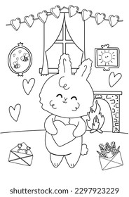 Coloring page of kawaii bunny with heart and romance elements.Antistress coloring book for adults and children