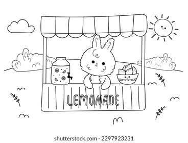 Coloring page of kawaii bunny selling lemonade, lemonade stall counter.Antistress coloring book for adults and children
