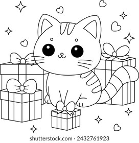 Coloring page of kawaii cat with gift boxes