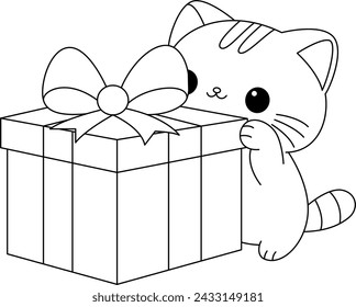 Coloring page of kawaii cat with gift boxes