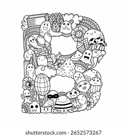 Colorir página com estilo de doodle kawaii, doodle abc