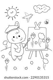 Coloring page of kawaii rabbit draws a picture in nature, plein air.Antistress coloring book for adults and children