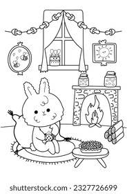 Coloring page of a kawaii rabbit sitting by the fireplace with a cup of cocoa.Antistress coloring book for adults and children