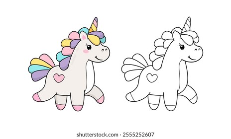 Malvorlage mit Kawaii Stil Poni Baby Einhorn Charakter in weichen Pastellfarben - niedliche Cartoon Vektor Doodle Illustration für Kinder Design, Drucke, Pyjamas, etc