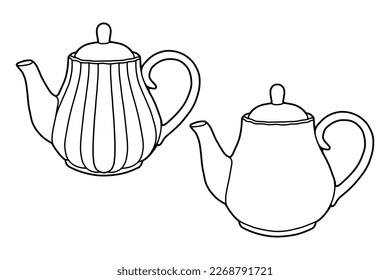 Coloring page. Kettle. Black line. Hand drawing picture.