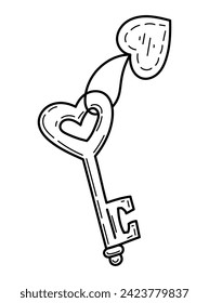 Coloring page key with heart keychain doodle. Hand drawn vector illustration.