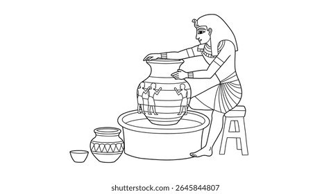 Coloring Page of Khnum the Potter God Creating Humans on His Potters Wheel