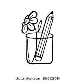 Coloring Page for Kid of Pencil and Flower in Glass Hand Drawn suitable for coloring book illustration