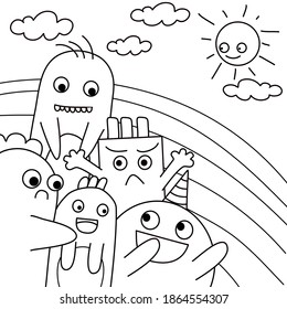 coloring page for kid ,vector cute monster outline