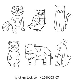 coloring page for kid,cute animal collection,raccoon,owl,cat,cow,bear,rabbit.