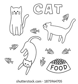 coloring page for kid,cute cat with fish and food bowl.