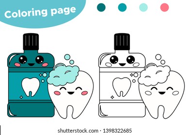 Coloring page for kids about dental hygiene. Cute kawaii cartoon tooth and mouthwash. Vector illustration.