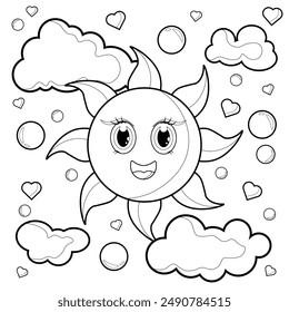 Coloring page for kids and adults. Mermaid colouring book. Hand drawn Funny happy smiley sun character. Flora and fauna, nature. Cartoon outline vector illustration.