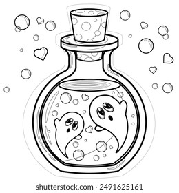 Coloring page for kids and adults. Mermaid colouring book. Cute ghosts in a glass cone. Funny creepy character. Spook the phantom. Cartoon outline vector illustration. Children's illustration.