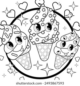 Coloring page for kids and adults. Mermaid colouring book. Cute ice cream character. Delicious desert. Cartoon outline vector illustration. Children's illustration.