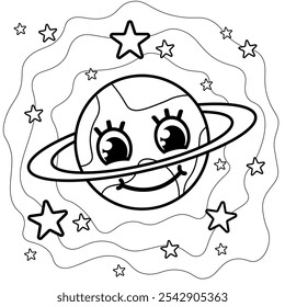 Coloring page for kids and adults. Mermaid colouring book. Cute planet in space. Pretty character.