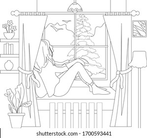 Coloring page for kids and adults with patterns and small details. Quarantine, stay at home concept illustration. woman sitting at home, room or apartment. 