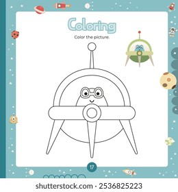 Coloring page for kids alien in flying saucer. Preschool printable game for Activity book Outer Space. Vector illustration. Square format. Page for coloring book.