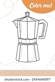 Coloring page for kids with alluminium geyser coffee maker. A printable worksheet, vector illustration.