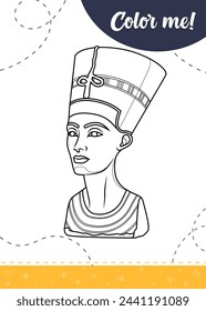 Coloring page for kids with the ancient Egyptian queen Nefertiti. A printable worksheet, vector illustration.