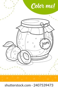 Coloring page for kids with apricot jam.
A printable worksheet, vector illustration.