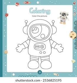 Coloring page for kids Astronaut. Preschool printable game for Activity book Outer Space. Vector illustration. Square format. Page for coloring book.