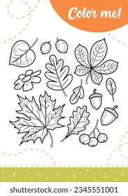 Coloring page for kids with autumn leaves.
A printable worksheet, vector illustration