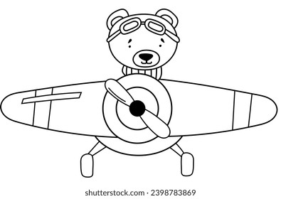 Coloring Page For Kids: Bear Pilot Flying An Airplane, For Children'S Creativity, Creative Coloring Book Featuring Vector Illustrations For Children'S Creativity