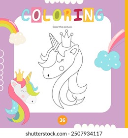 Coloring page for kids beautiful unicorn. Preschool printable game for Activity book Unicorns. Vector illustration. Square format.