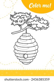 Coloring page for kids with beehive on tree. A printable worksheet, vector illustration.
