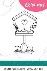 Coloring page for kids with birds feeder.
A printable worksheet, vector illustration.