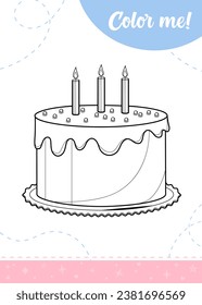 Coloring page for kids with birthday cake.
A printable worksheet, vector illustration.