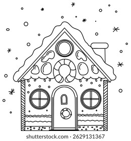Coloring page for kids, coloring book for children, ginger house isolated, doodle cartoon style