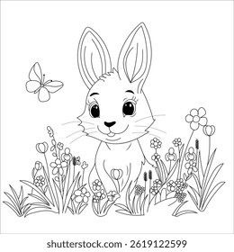 Coloring page for kids with bunny in the grass and spring flowers, coloring book for children vector flat