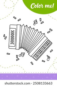 Coloring page for kids with cartoon accordion, confetti and musical notes around. A printable worksheet, vector illustration.