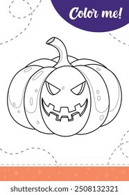 Coloring page for kids with cartoon angry carved pumpkin.