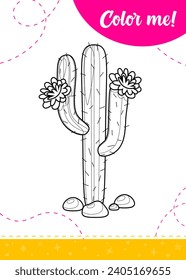 Coloring page for kids with cartoon blooiming cactus