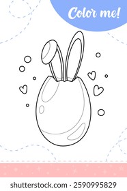 Coloring page for kids with cartoon Easter holiday bitten chocolate egg with bunny ears. A printable worksheet, vector illustration.