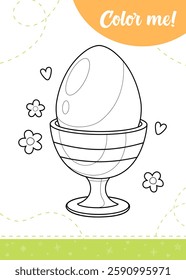 Coloring page for kids with cartoon Easter egg and decorative flowers and hearts around. A printable worksheet, vector illustration.