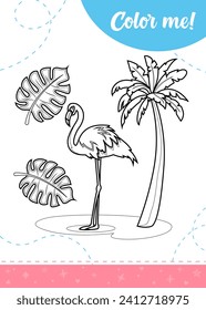 Coloring page for kids with cartoon flamingo.
A printable worksheet, vector illustration.