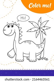 Coloring page for kids with cartoon funny dinosaur.
A printable worksheet, vector illustration.