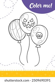 Coloring page for kids with cartoon Halloween colorful air balloons.A printable worksheet, vector illustration.