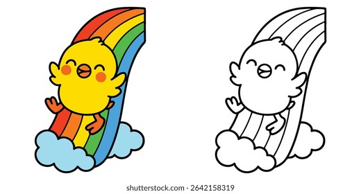 Coloring Page For Kids Cartoon A happy little chick sliding down a rainbow Outline Vector Illustration