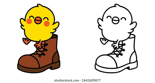 Coloring Page For Kids Cartoon A happy little chick sitting on a farmer’s boot Outline Vector Illustration