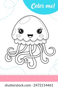 Coloring page for kids with cartoon jellyfish. A printable worksheet, vector illustration.