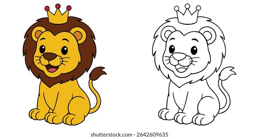 Coloring Page For Kids Cartoon Of A lion cub wearing a little crown Outline Vector Illustration